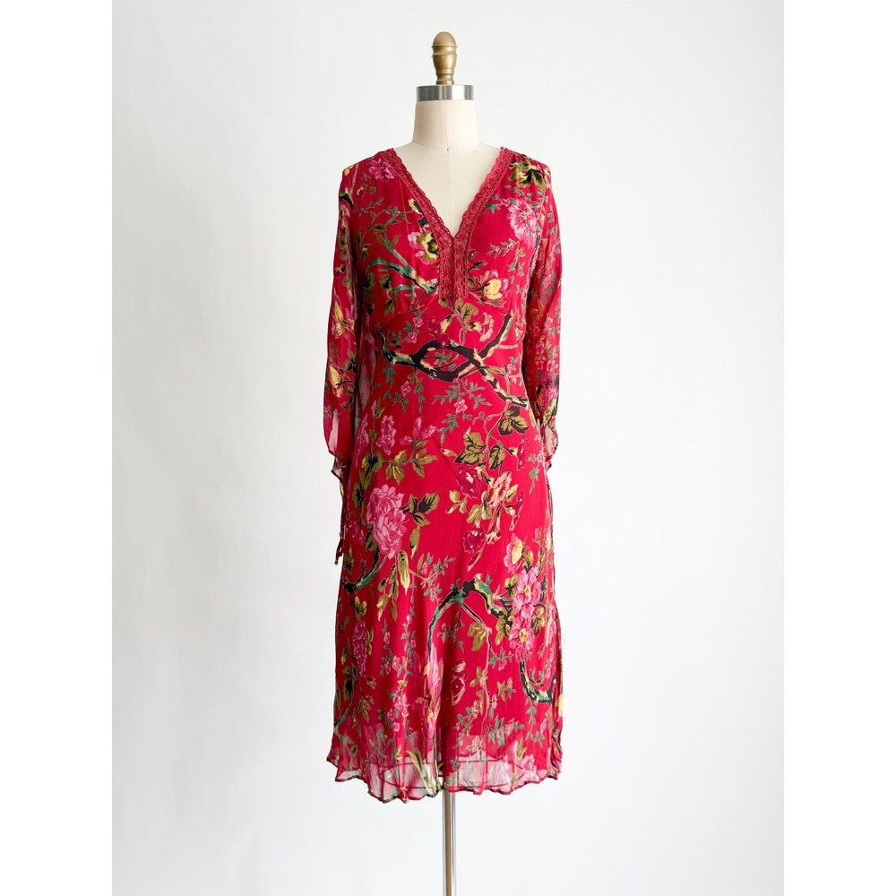 Paradise NY Midi Dress Floral Boho Split Flutter Sleeve Large Red Crochet Lace